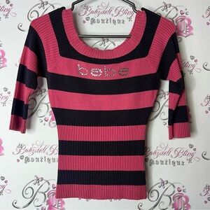 Bebe Pink and Black Striped Knit Top Swarovski crystal bling logo rare y2k